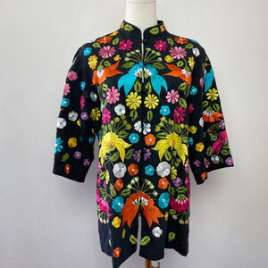 Vintage Boho Maximalist Embroidered Floral Black Tunic Jacket S-L Cottagecore